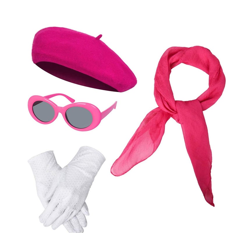BengPro Women Girls French Themed Party Beret Hat Chiffon Scarf Gloves Retro Oval Sunglasses Fancy Dress Costume accessories Set (Rose) - Image 1